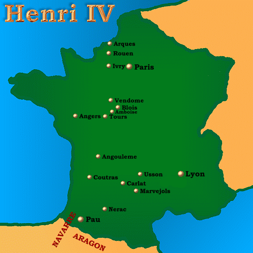 A picture of a map of France, showing the places mentioned on the web site www.henri-iv.com