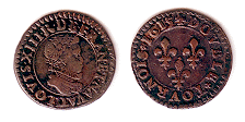 Beide Seiten einer Double Tournois Kupfermnze, datiert 1615;  auf der Vorderseite der Kopf des jungen Knigs Ludwig XIII. von Frankreich und auf der Rckseite die drei Knigslilien.